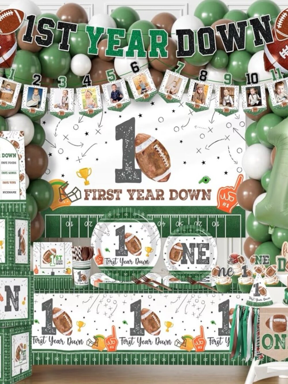 First Year Down Football Birthday Party Decor Bundle Balloons Backdrop Banner